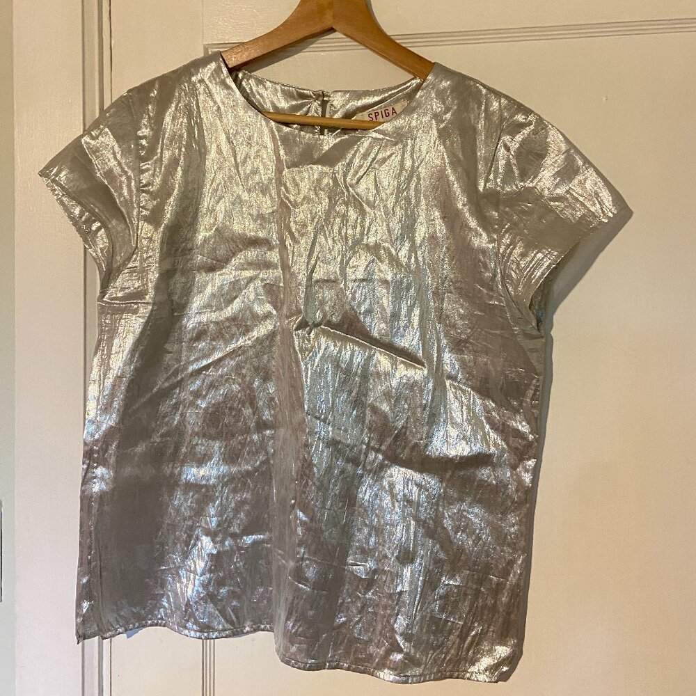 Silver Metallic Boxy Cap Sleeve Vintage Top